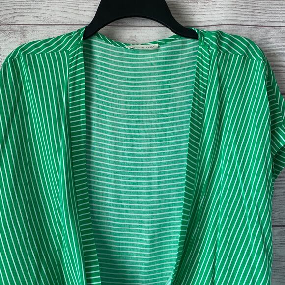 Olive & Leaf Green and White Striped Wrap Front Blouse Tie Bottom Size Large - Picture 2 of 11